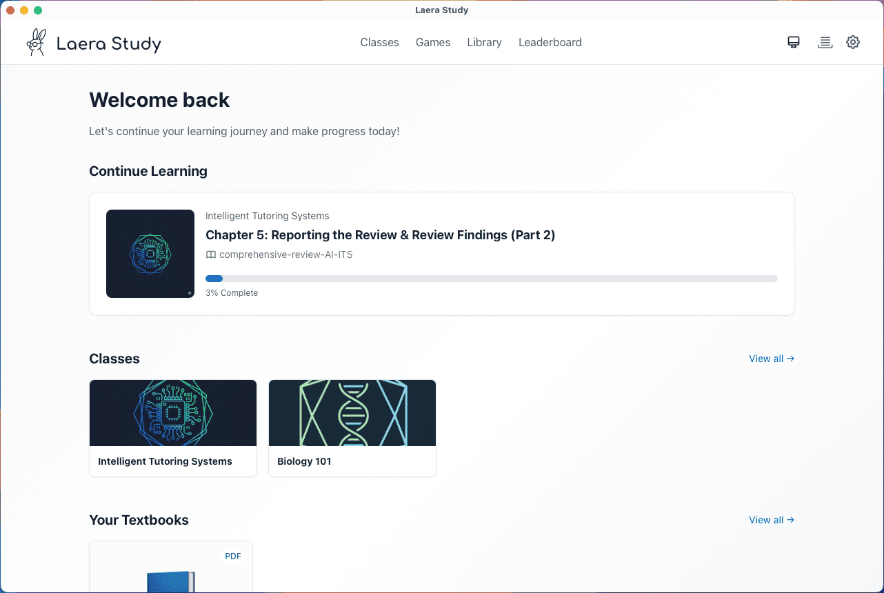 Laera Study desktop app screenshot showing clean lesson interface