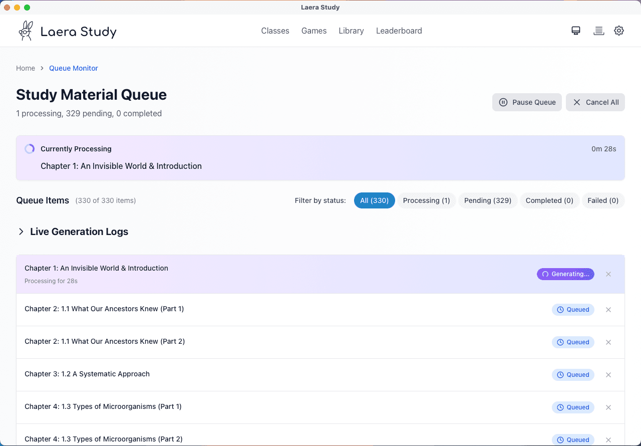 Study material generation queue interface