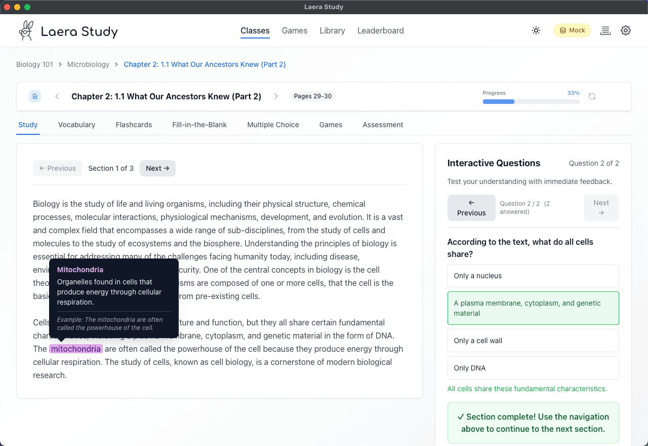 Interactive study reader with highlighted vocabulary
